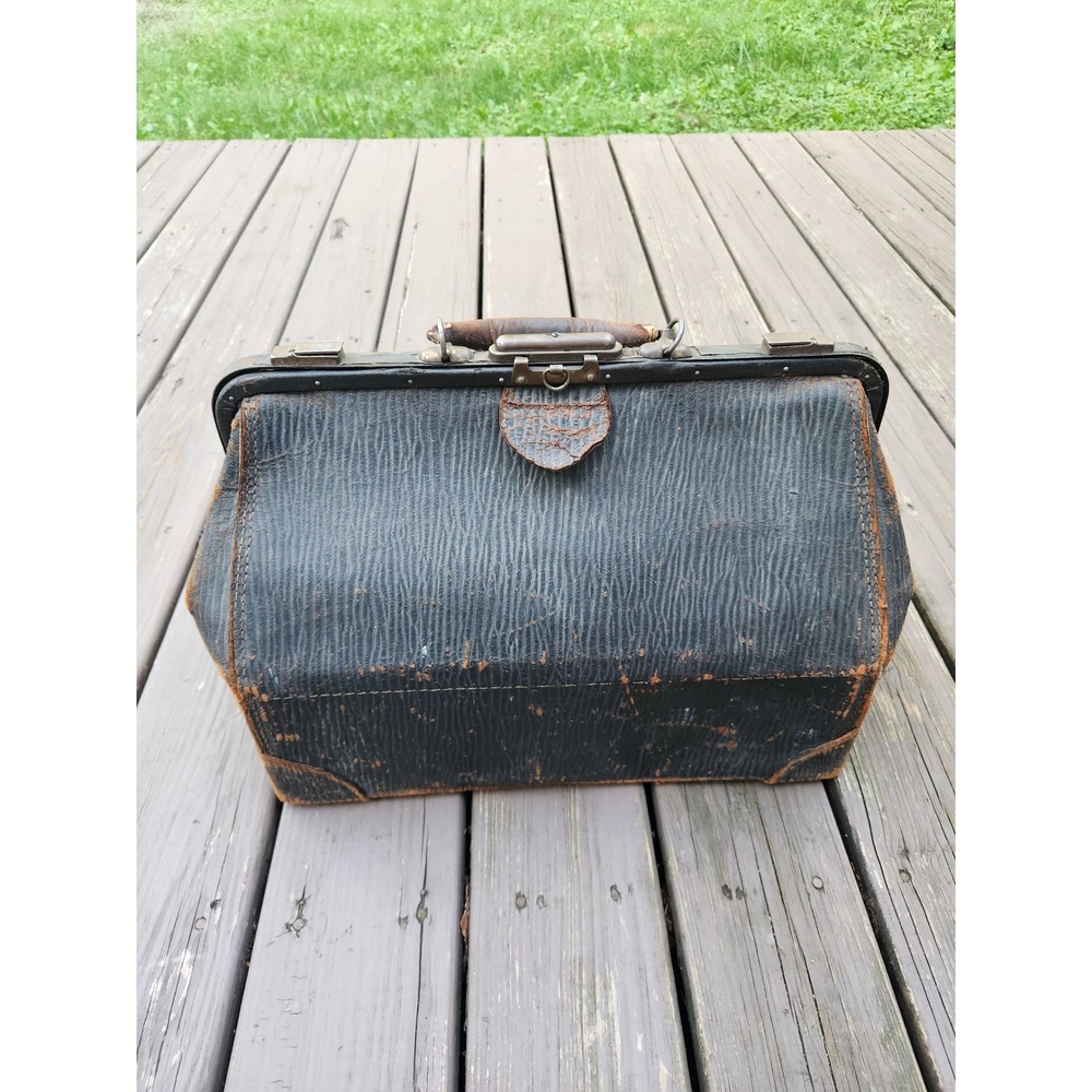Antique Early 1900s Doctor Bag Black Textured Leather Gladstone Luggage Prop OS